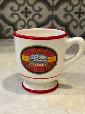 Williams Sonoma “Merchant Coffee Brand” Coffee Mug with Red Rim- EUC